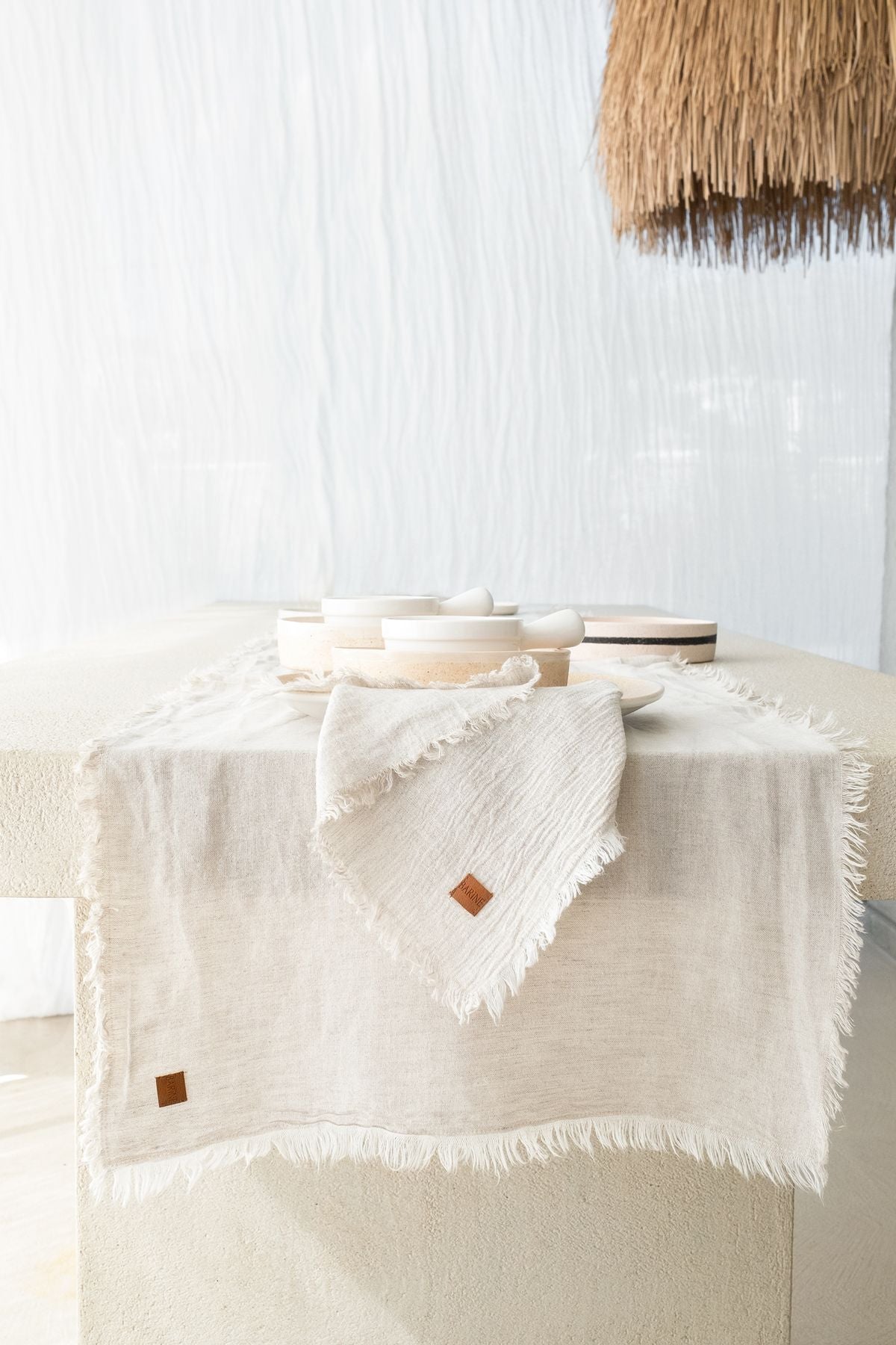 Fringed Linen Keten Runner Natürel