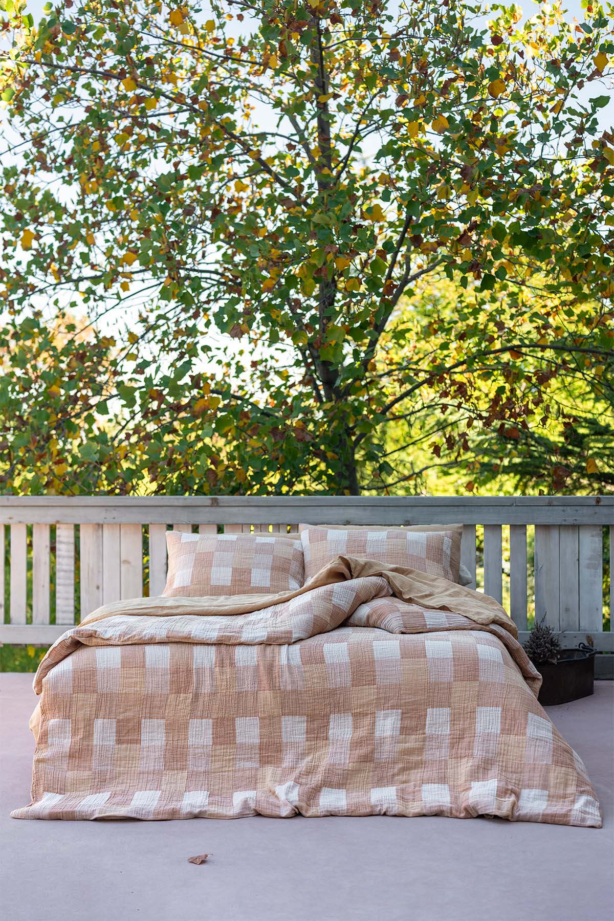 Gingham Kareli Muslin Dokulu Nevresim Seti Karamel