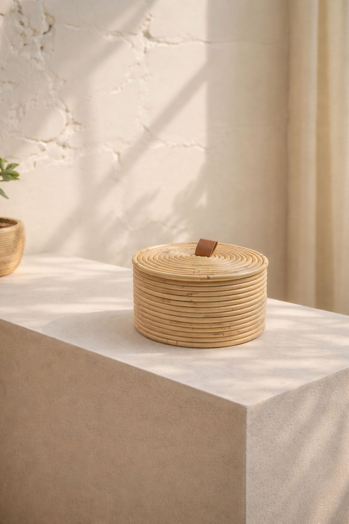 Gouda Deri Saplı Kapaklı Rattan Sepet / Kutu 20X20XH14