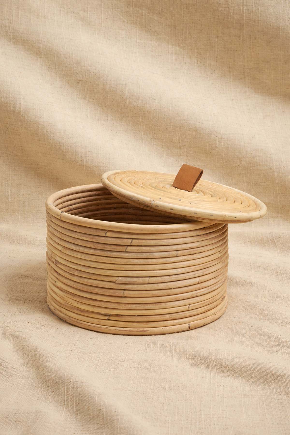 Gouda Deri Saplı Kapaklı Rattan Sepet / Kutu 24X24XH17