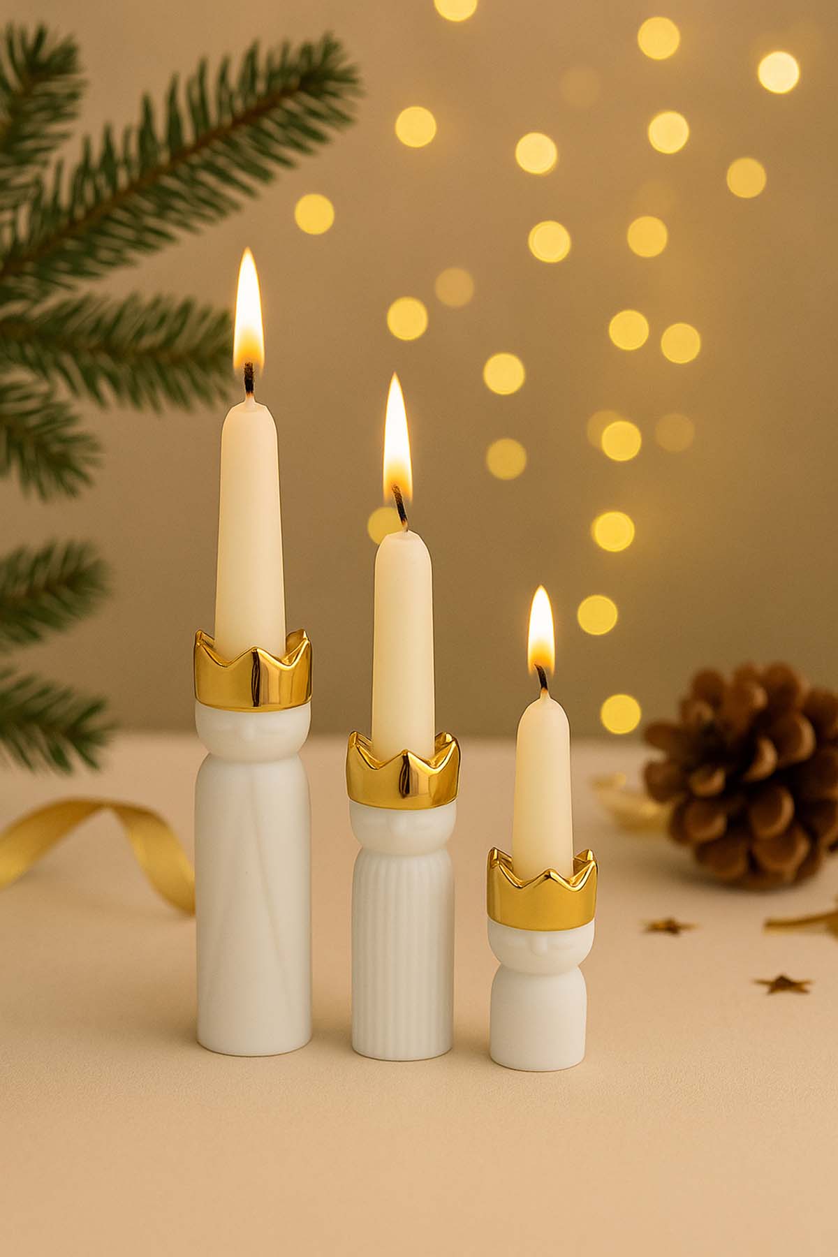 Mini Kral Işıkları 3'lü Porselen Şamdan Seti