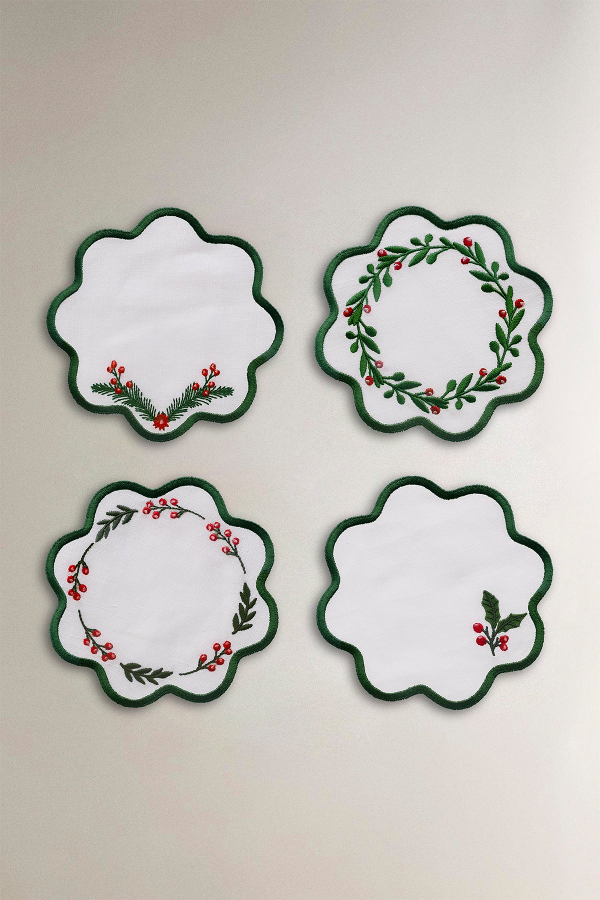 Nakışlı Keten 4'lü Kokteyl Peçete Seti, Bardak Altlığı