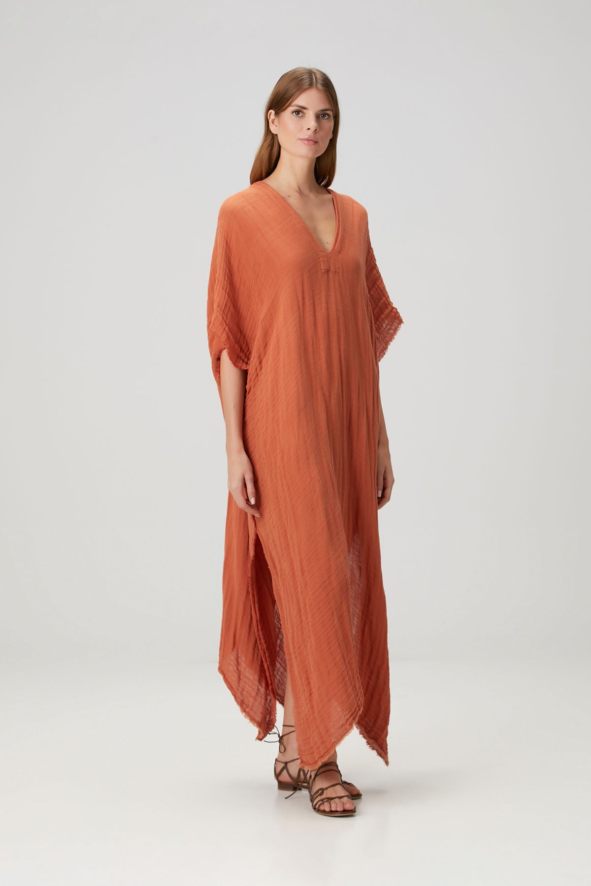 Keten Karışımlı Dokulu Kaftan Tarçın