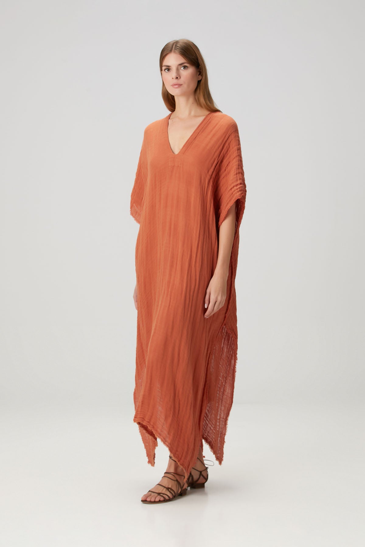 Keten Karışımlı Dokulu Kaftan Tarçın