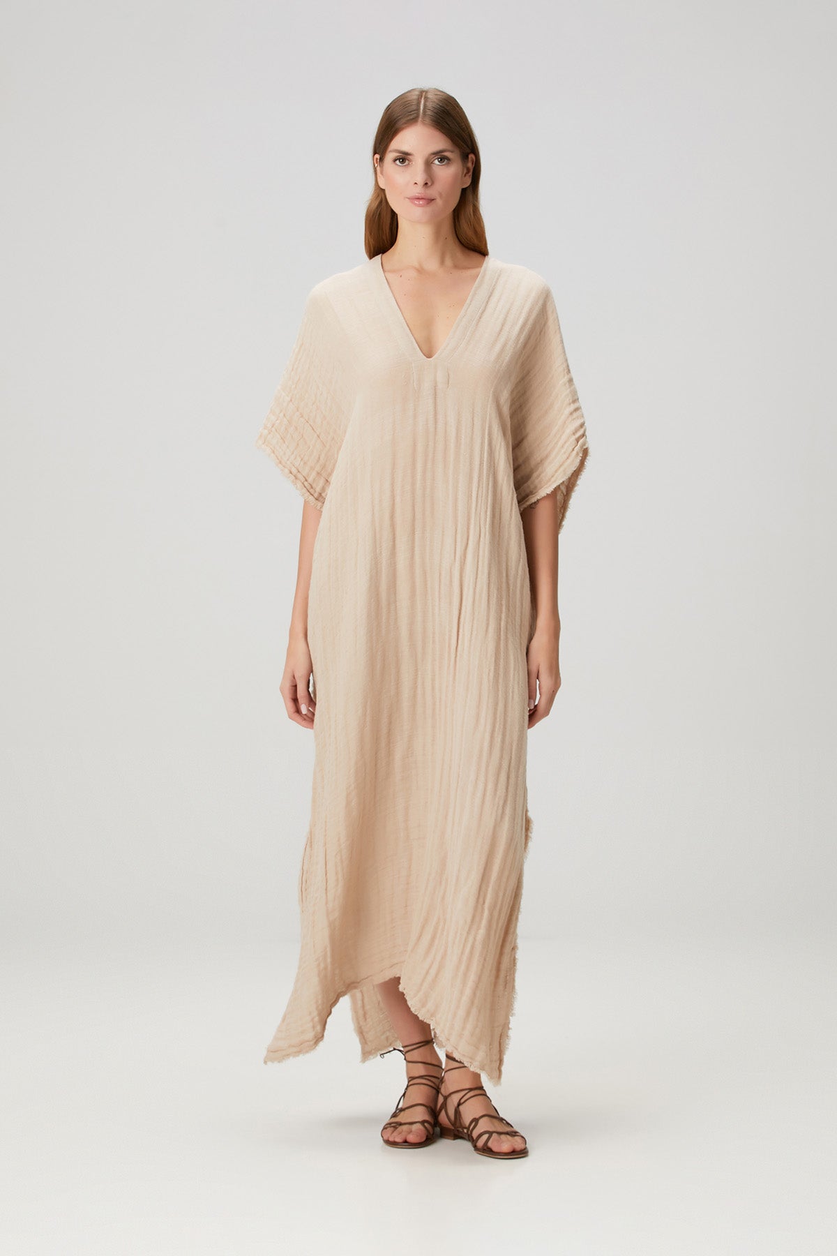 Keten Karışımlı Dokulu Kaftan Bej