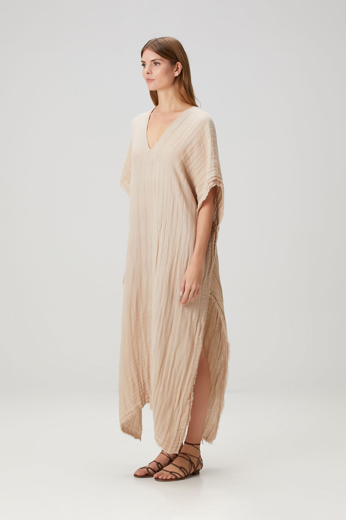 Keten Karışımlı Dokulu Kaftan Bej