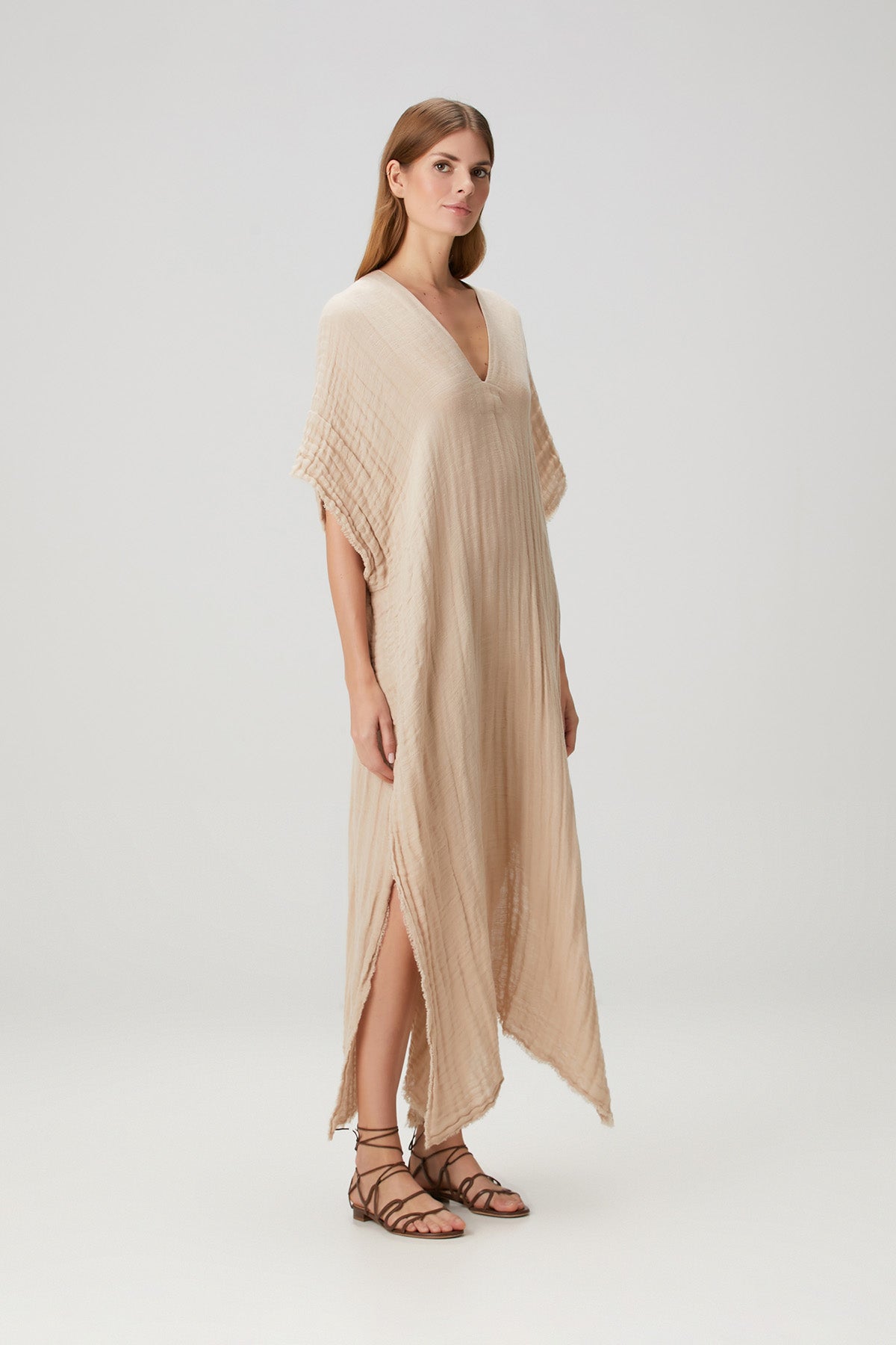 Keten Karışımlı Dokulu Kaftan Bej