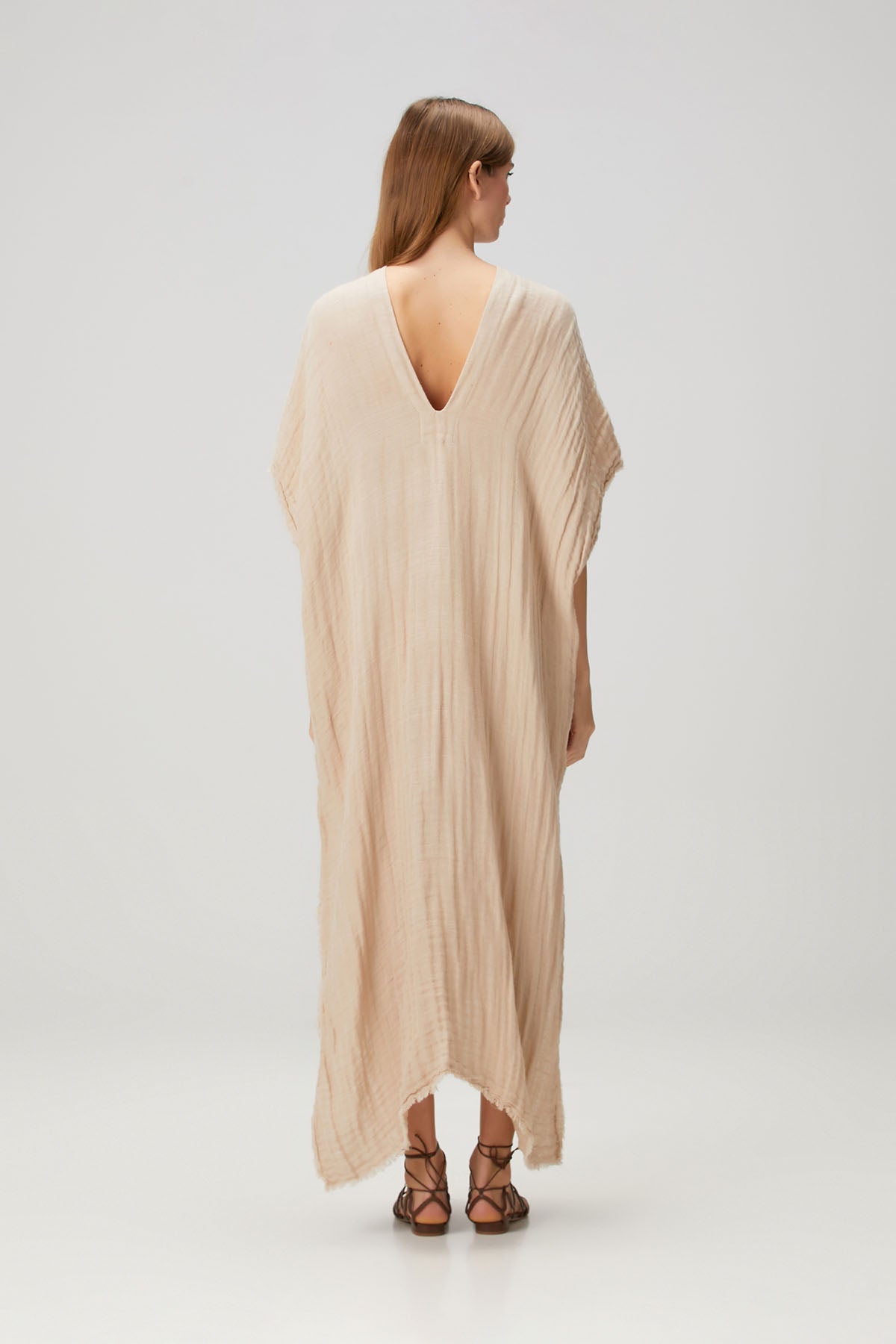 Keten Karışımlı Dokulu Kaftan Bej