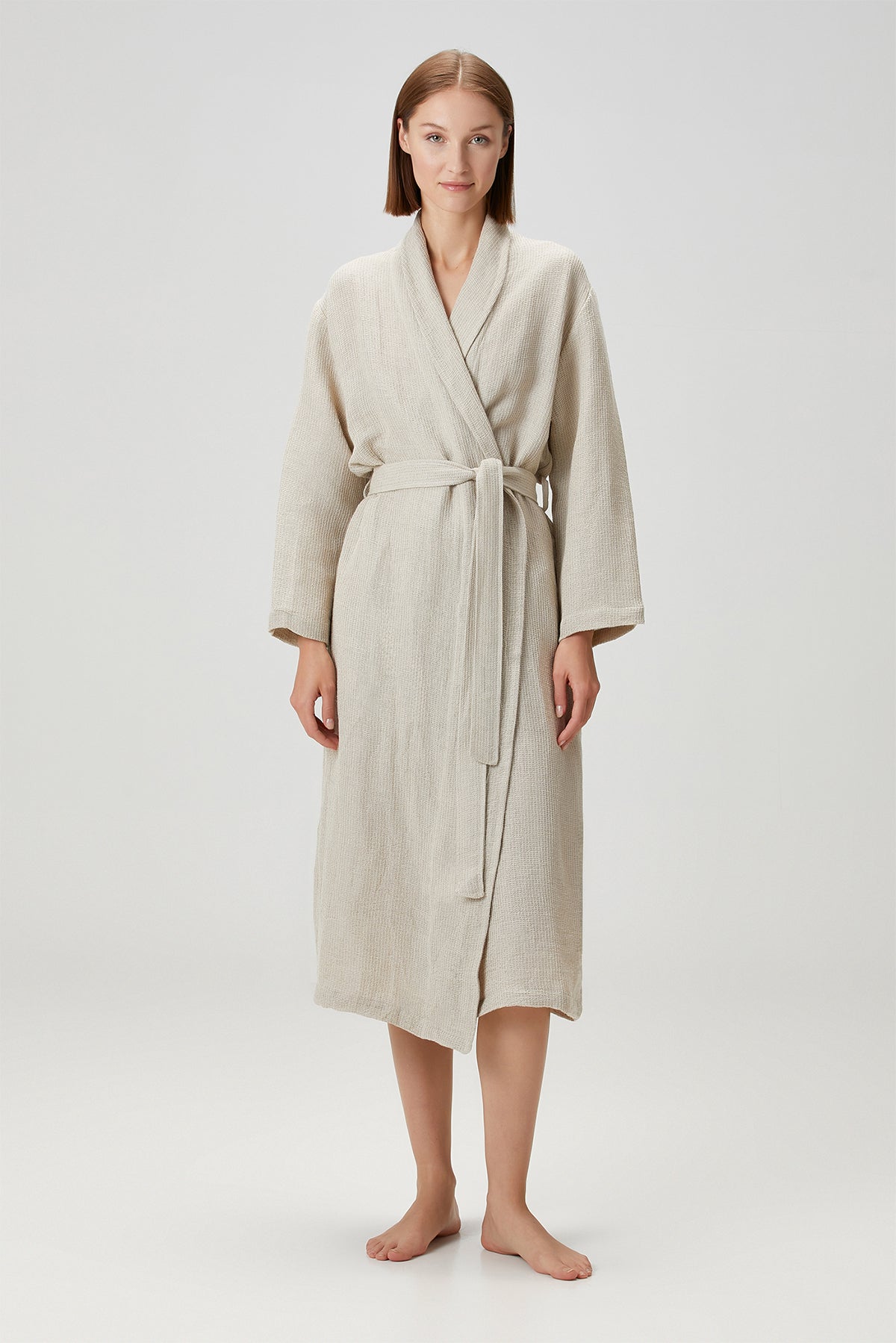 Linen Waffle Bathrobe Beige