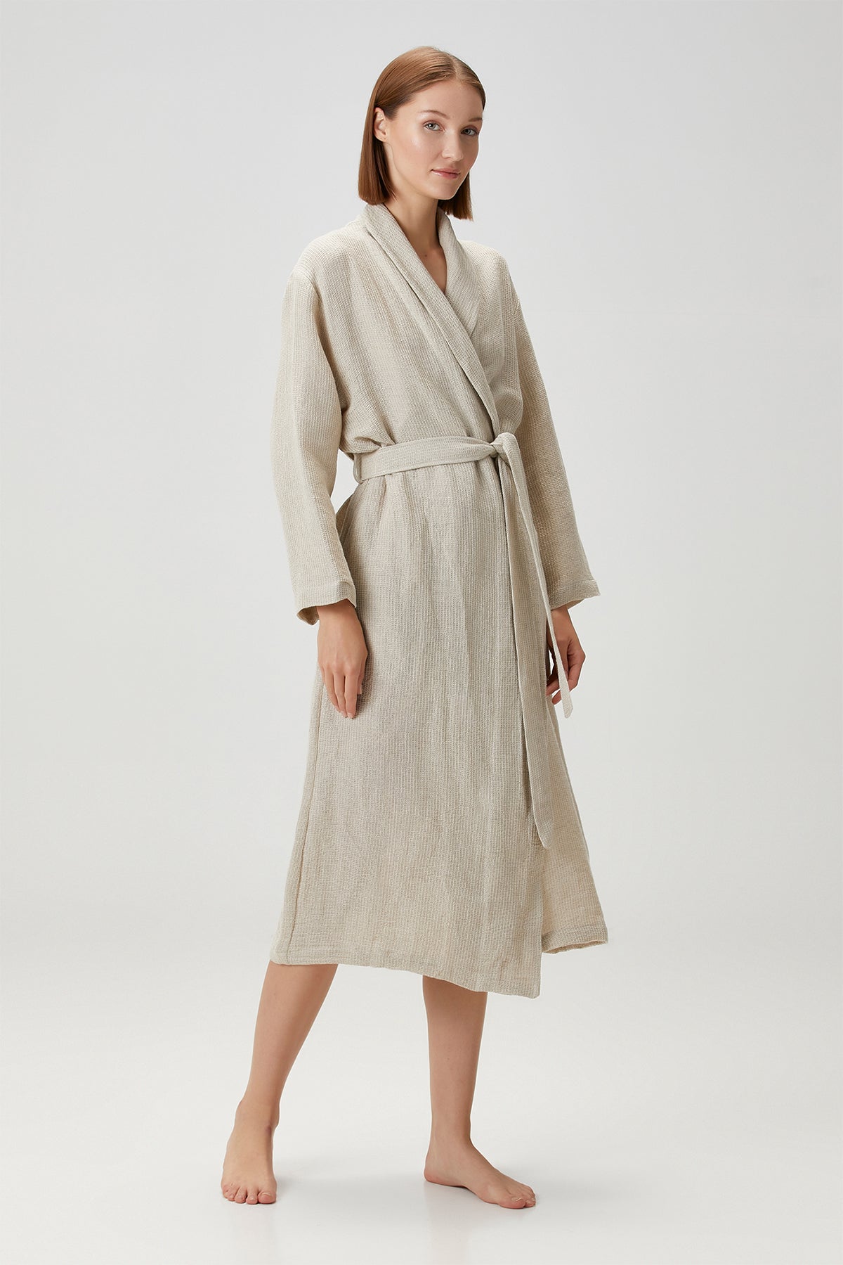 Linen Waffle Bathrobe Beige