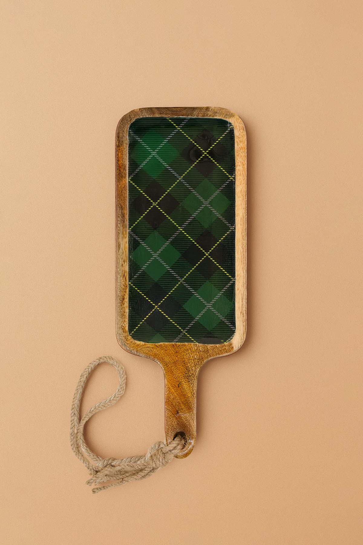 Mango Ağacından Ekose Desenli Saplı Sunum Tabağı, Tepsi 38x14 cm