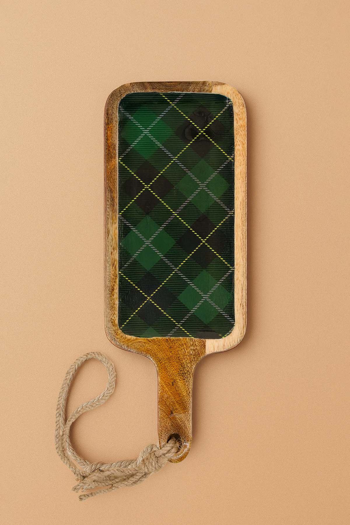 Mango Ağacından Ekose Desenli Saplı Sunum Tabağı, Tepsi 46x16 cm