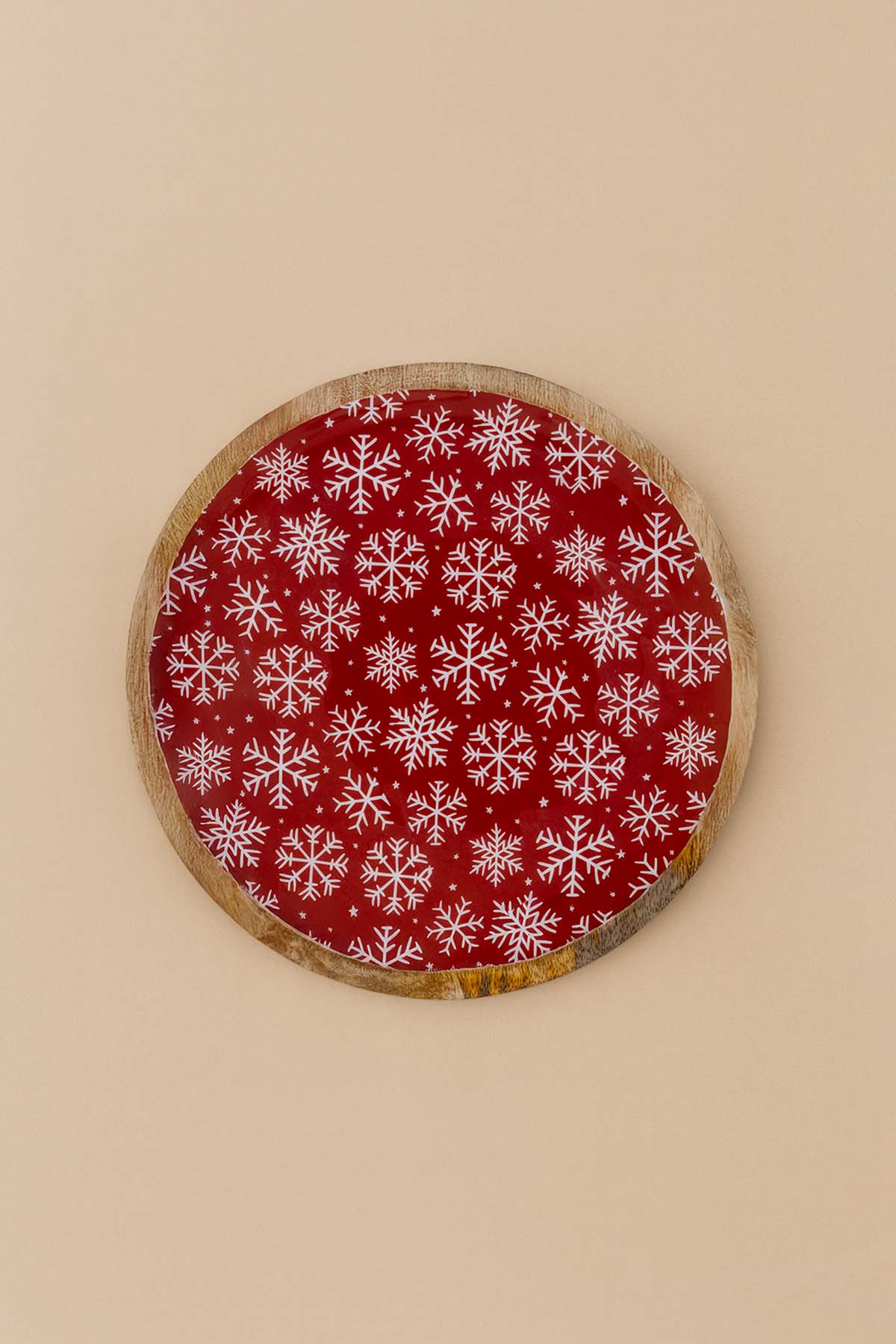 Kar Tanesi Desenli Mango Ağacından Emaye Kaplamalı Yuvarlak Tabak 25 cm