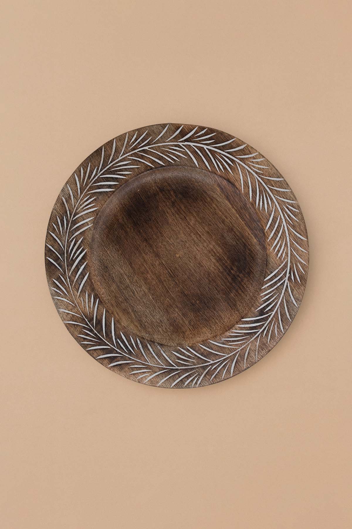 Mango Ağacından Dışı Yaprak Desenli Yuvarlak Sunum Tabağı, Supla 35 cm
