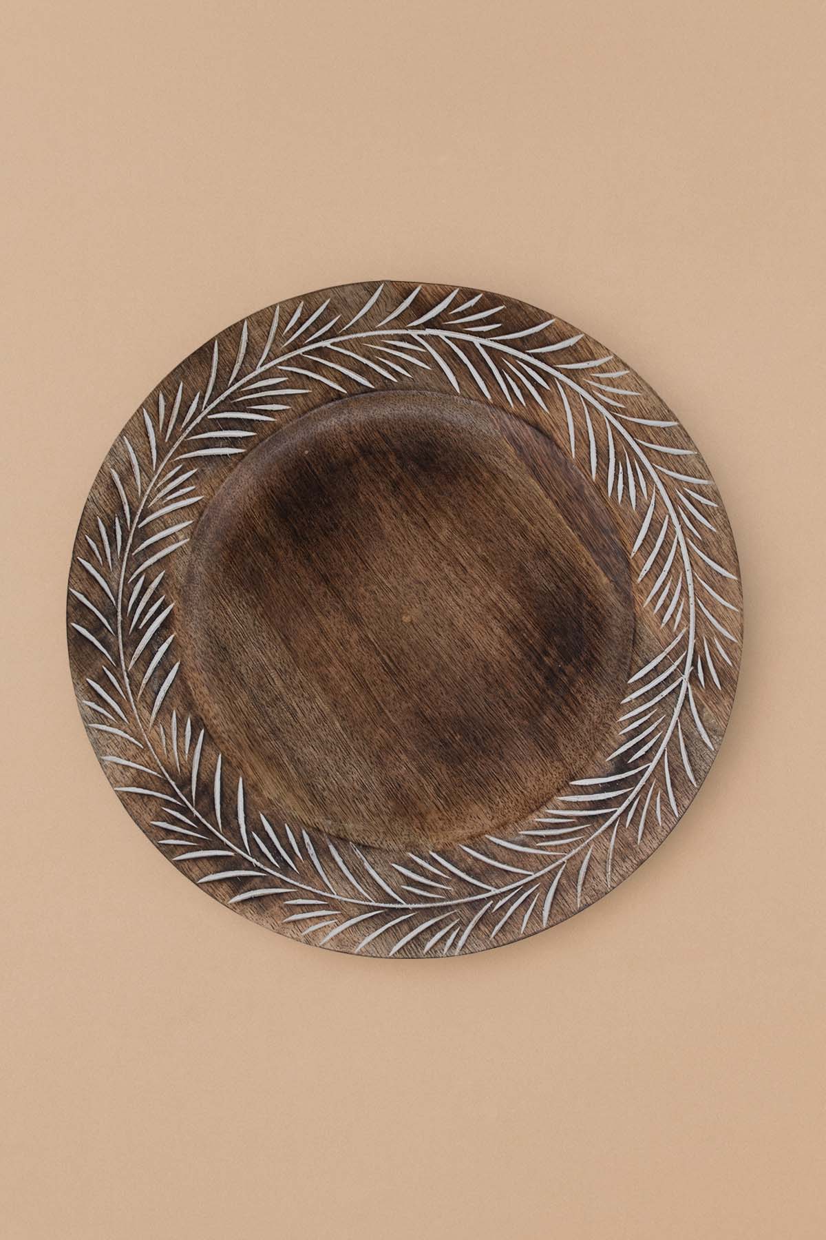 Mango Ağacından Dışı Yaprak Desenli Yuvarlak Sunum Tabağı, Supla 40 cm