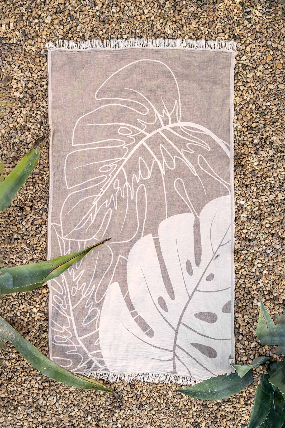 Monstera Yaprağı Jakarlı Peştemal Bej, Taşıma Çantalı