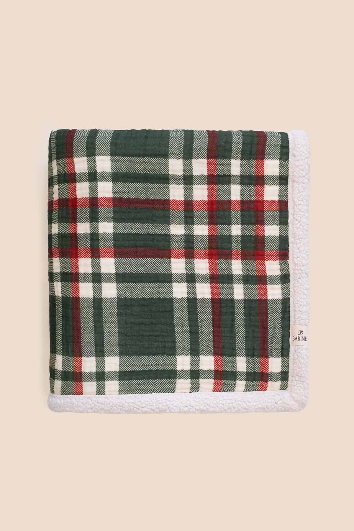 Ekose Desenli Pamuk Arkası Peluşlu Çift Taraflı Koltuk Şalı Battaniye Yeşil