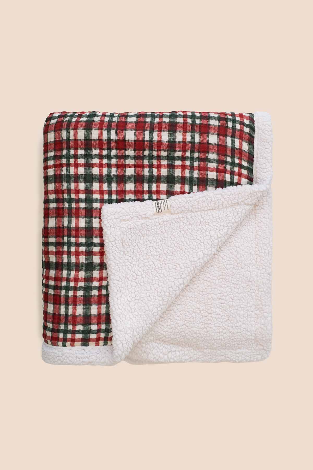 Ekose Desenli Pamuk Arkası Peluşlu Çift Taraflı Koltuk Şalı Battaniye Kırmızı