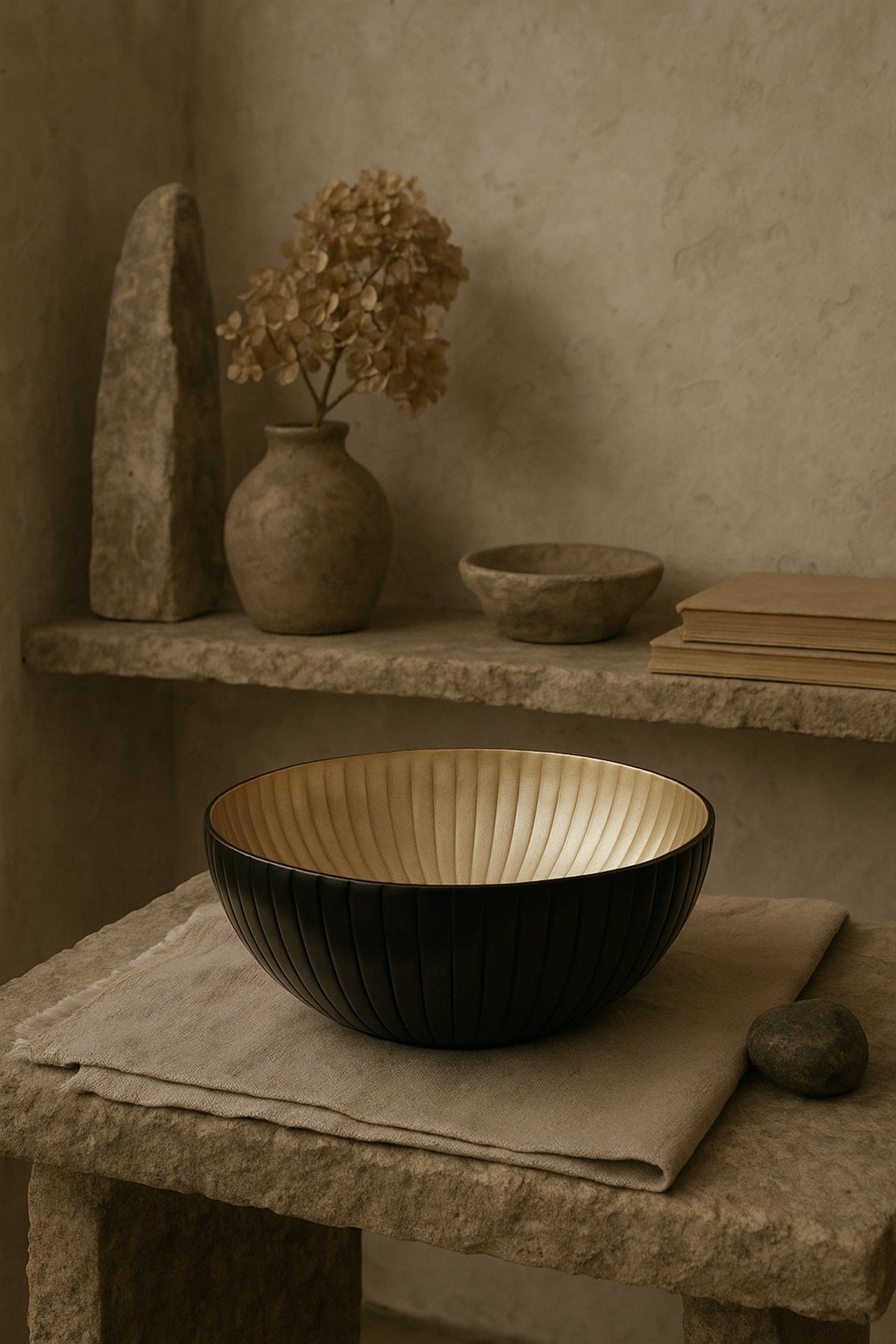 İçi Altın Renginde Dışı Antik Görünümlü Pirinç Dekoratif Obje Siyah-Gold 19x10 cm