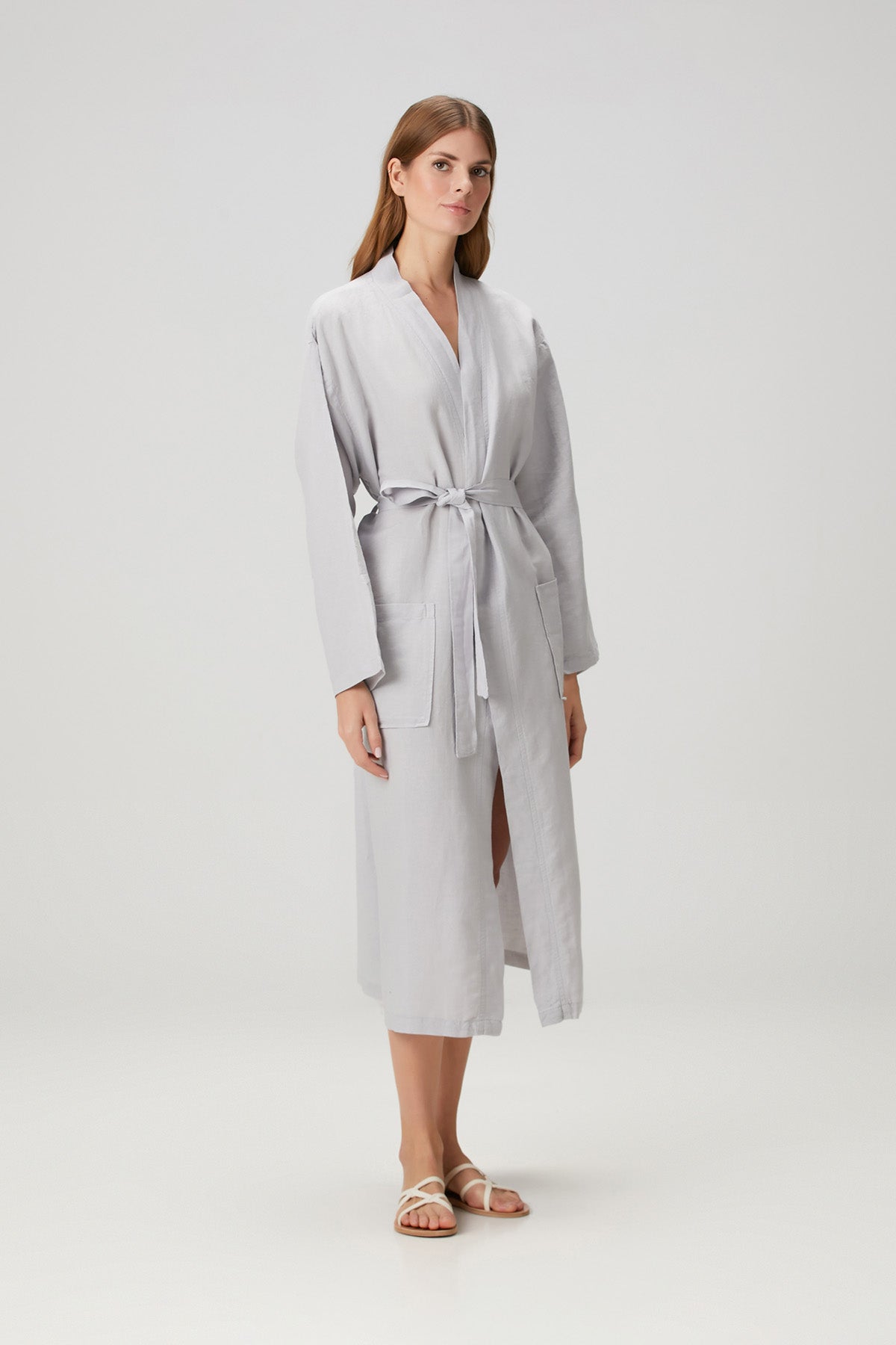 Serenity Yıkanmış Keten Unisex Kimono Açık Gri