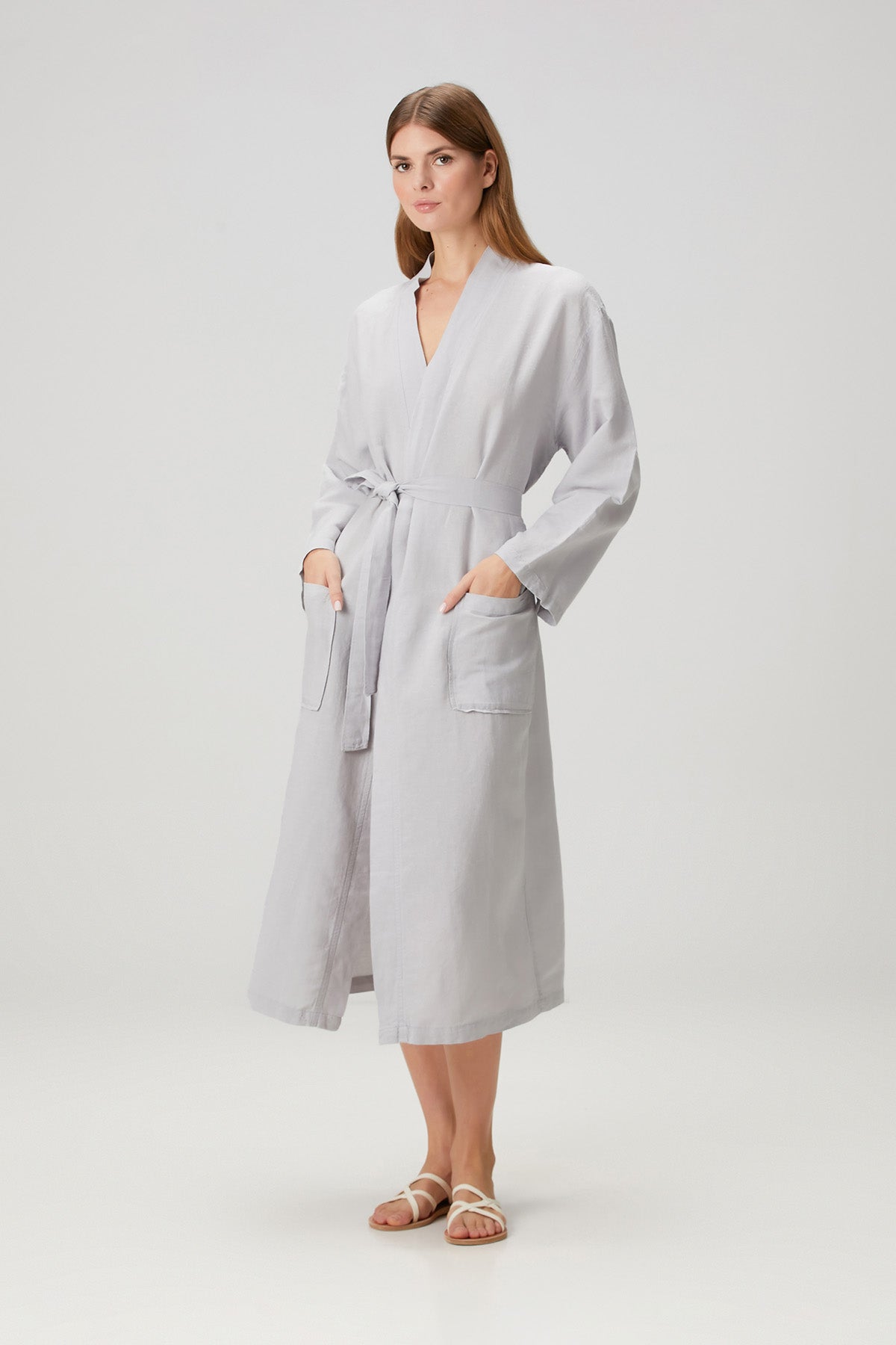 Serenity Yıkanmış Keten Unisex Kimono Açık Gri