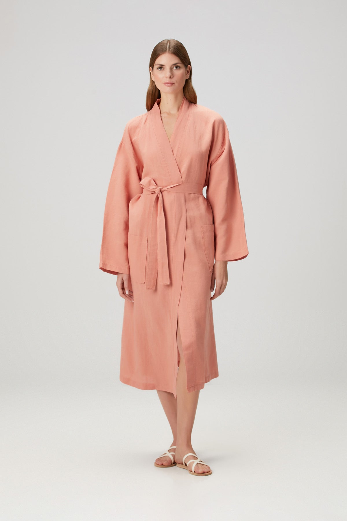 Serenity Yıkanmış Keten Kimono Açık Mercan