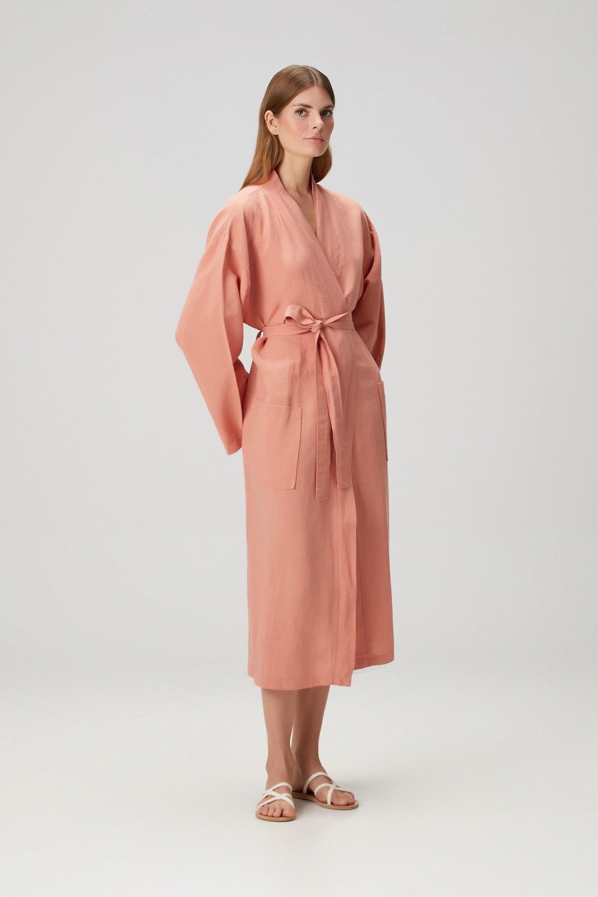 Serenity Yıkanmış Keten Kimono Açık Mercan