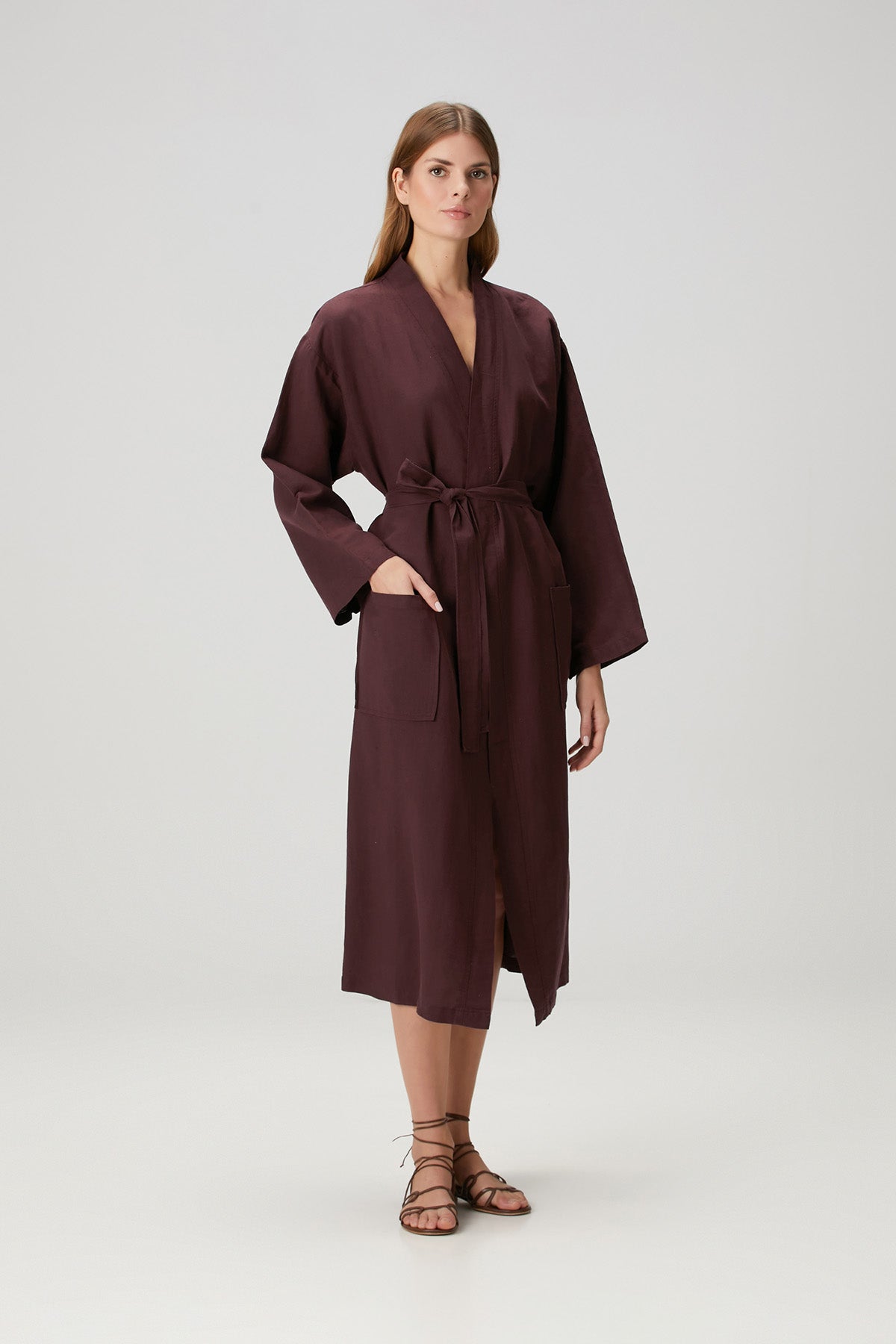 Serenity Yıkanmış Keten Kimono Bordo