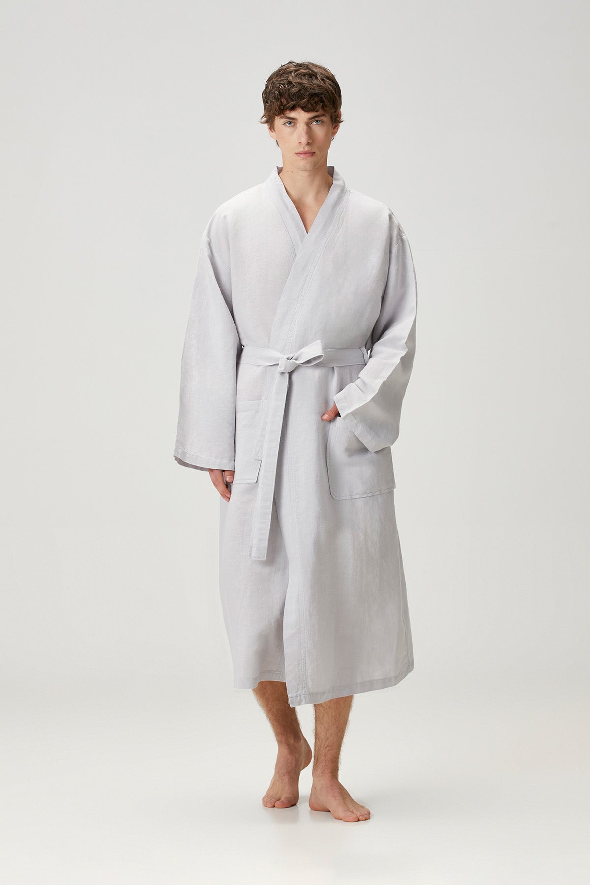 Serenity Yıkanmış Keten Unisex Kimono Açık Gri