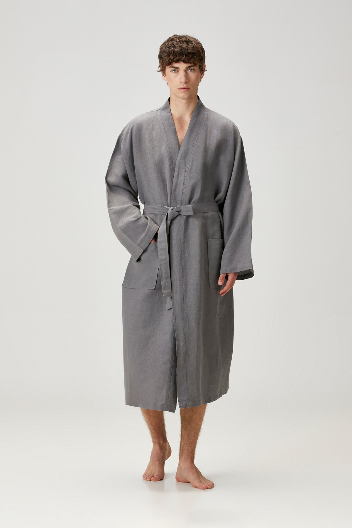 Serenity Yıkanmış Keten Unisex Kimono Gri