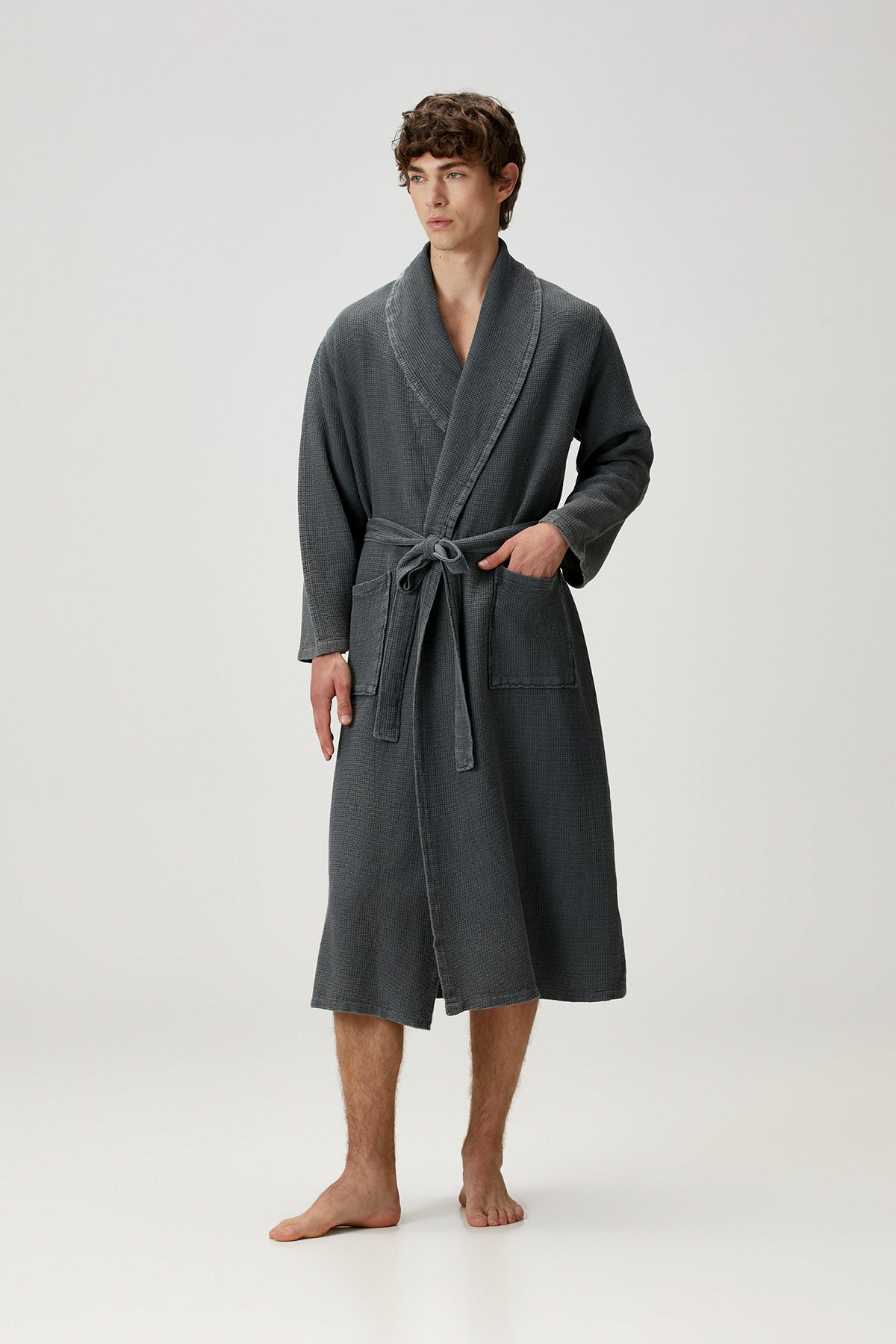 Stone Taşlama Yıkamalı Unisex Şalyaka Gofre Bornoz Siyah