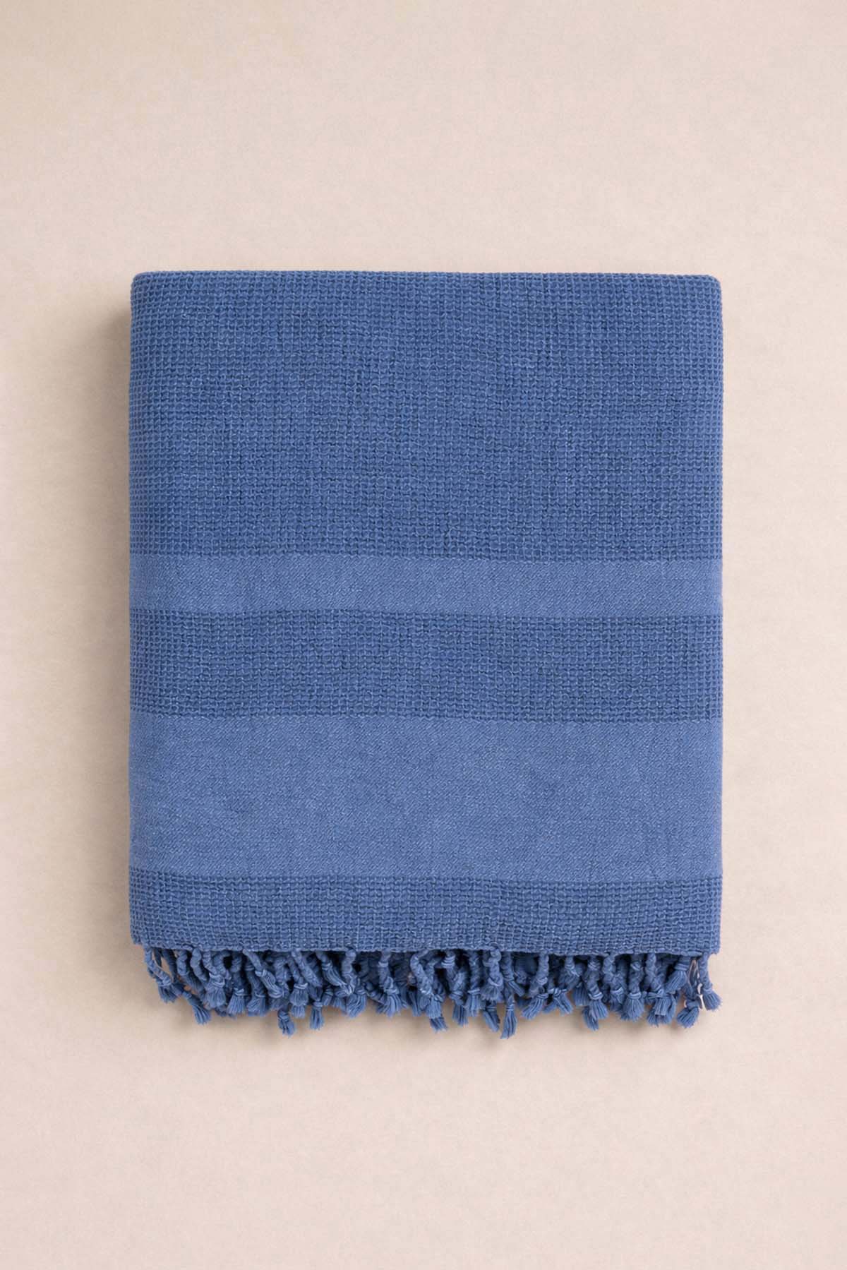 Stone Taşlama Yıkamalı Gofre Koltuk Şalı, Battaniye Denim Mavi