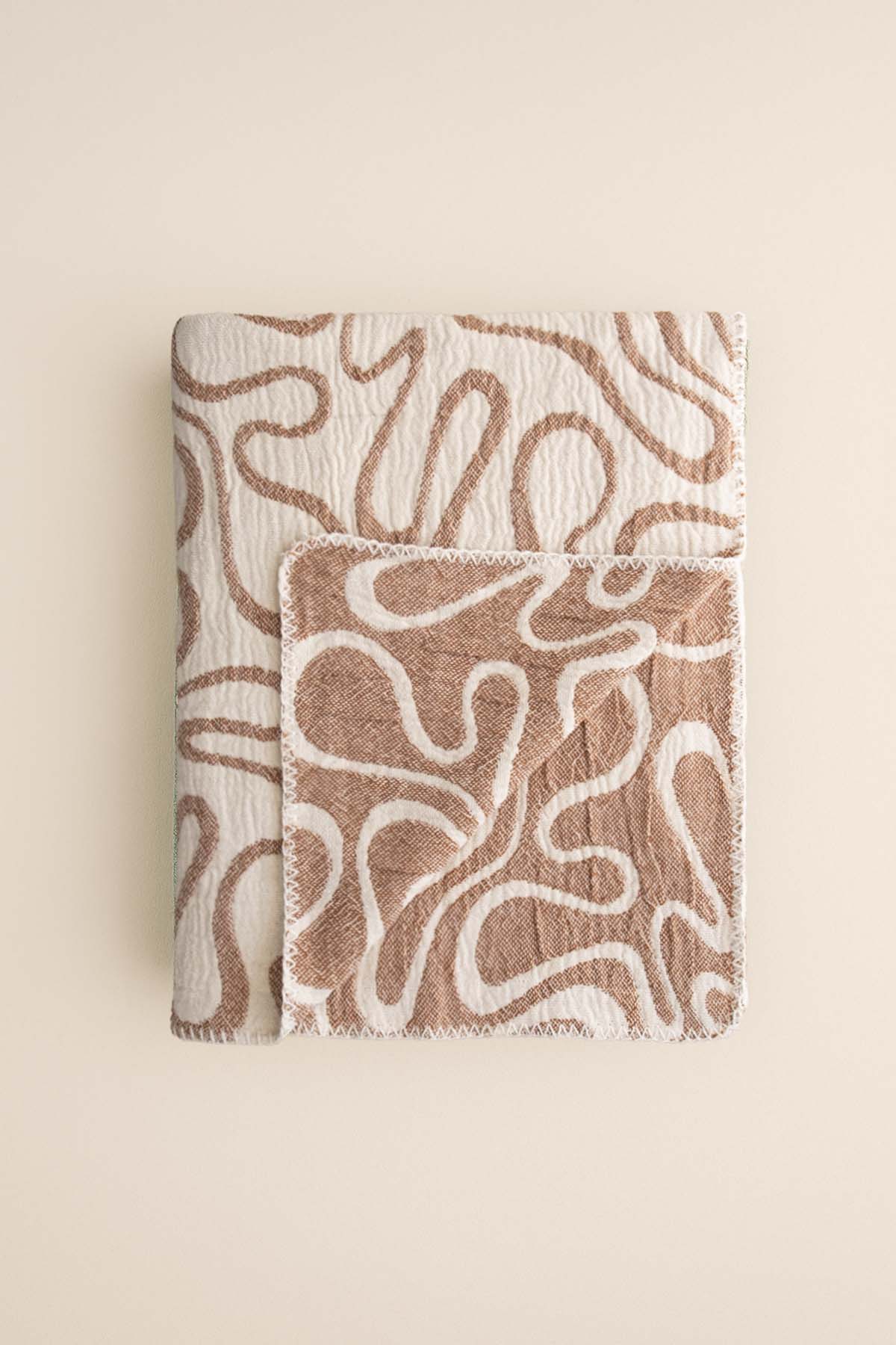 Dalga Jakarlı Pamuk Şönil Koltuk Şalı, TV Battaniyesi Krem