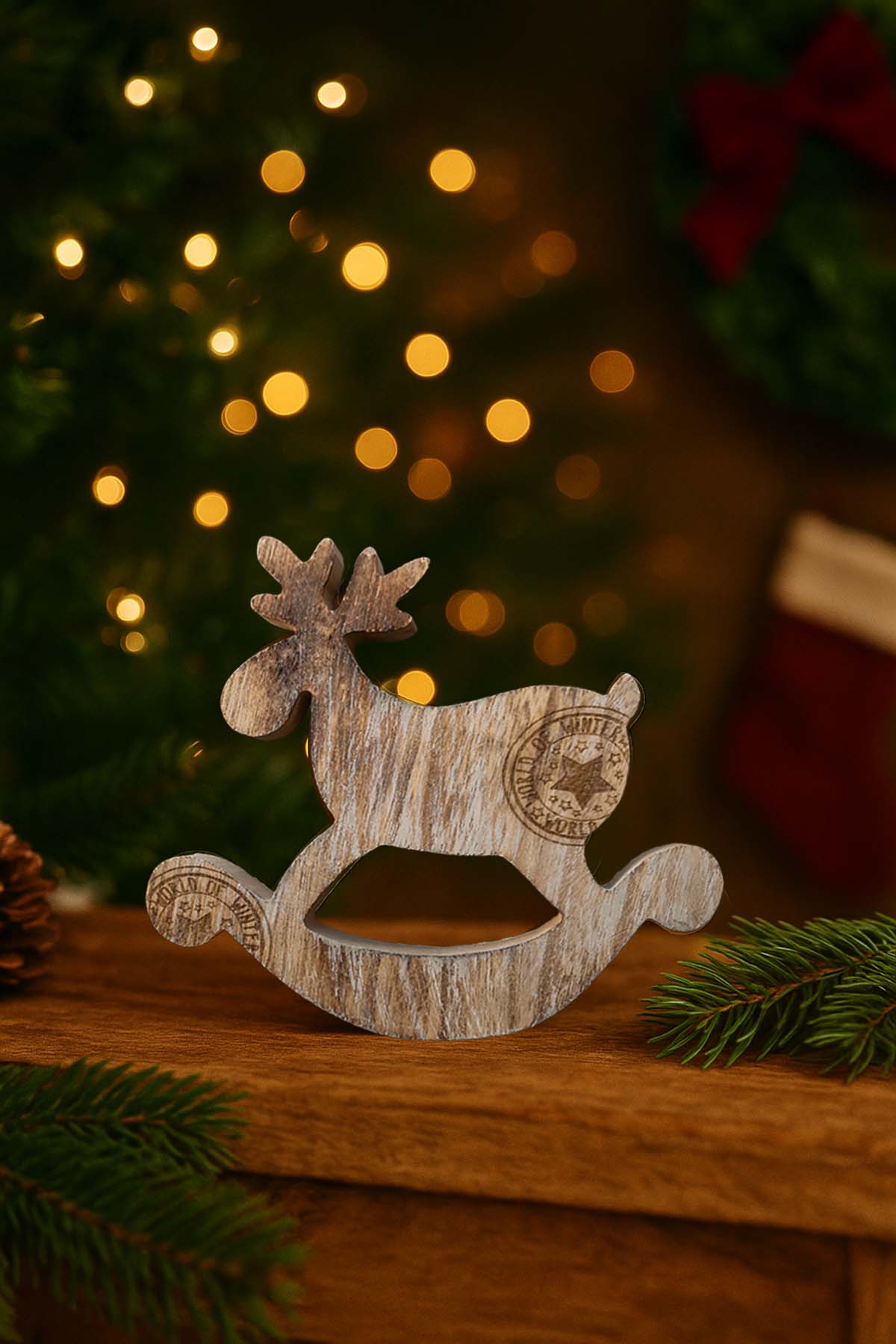 Ahşap Sallanan Geyik Dekor Naturel