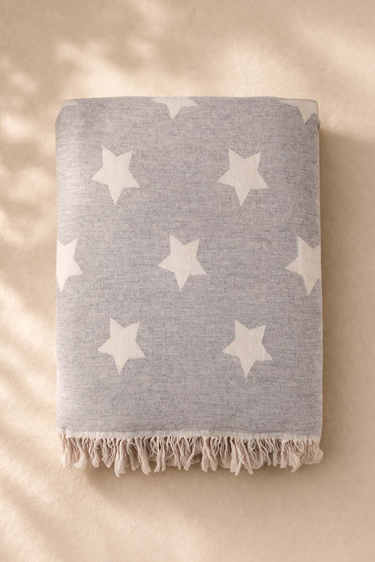 Yıldız Desenli Jakarlı Yünlü Koltuk Şalı Gri