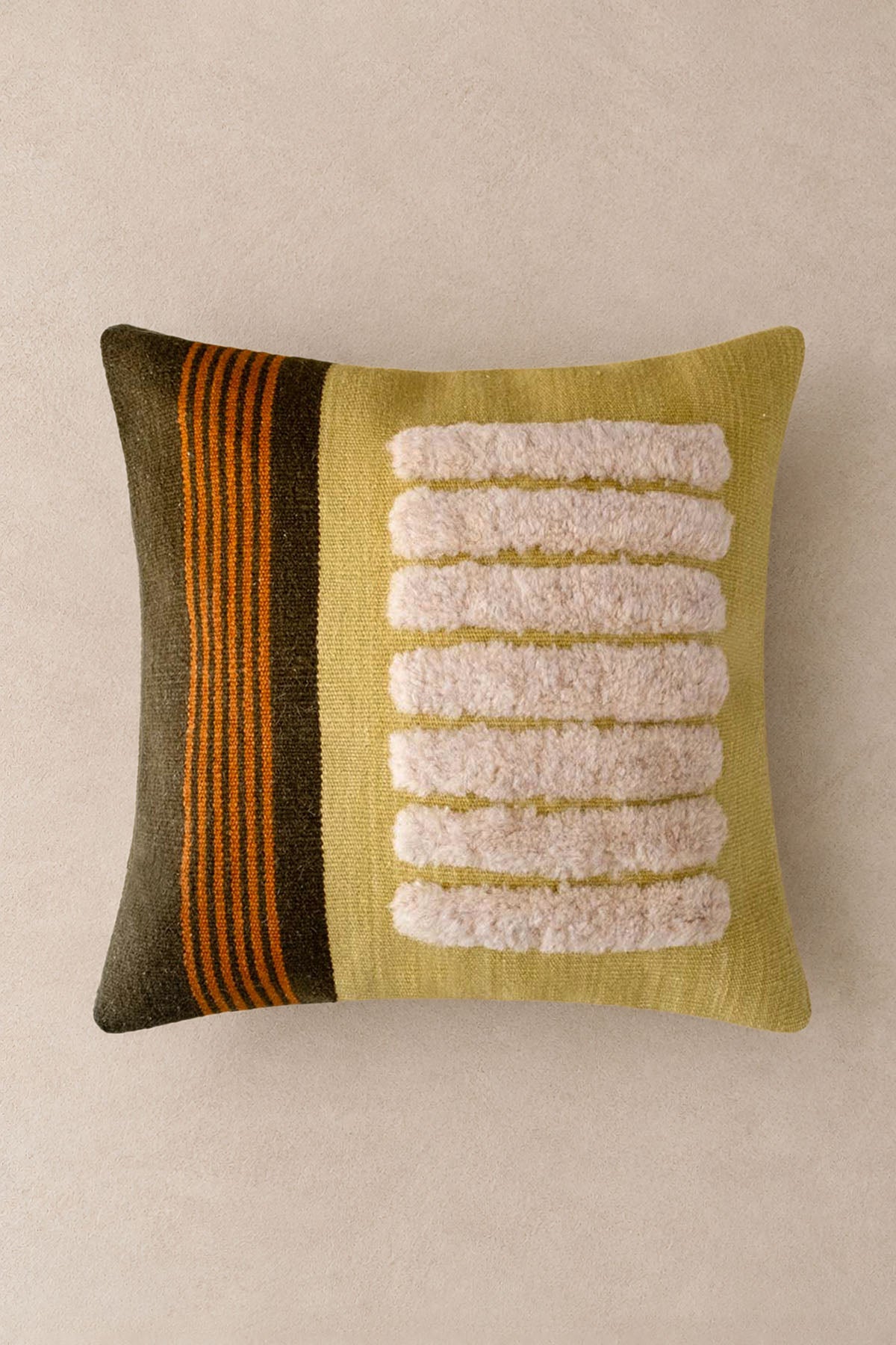 Handmade Striped Tufting Detailed Wool Pillow Cover Green