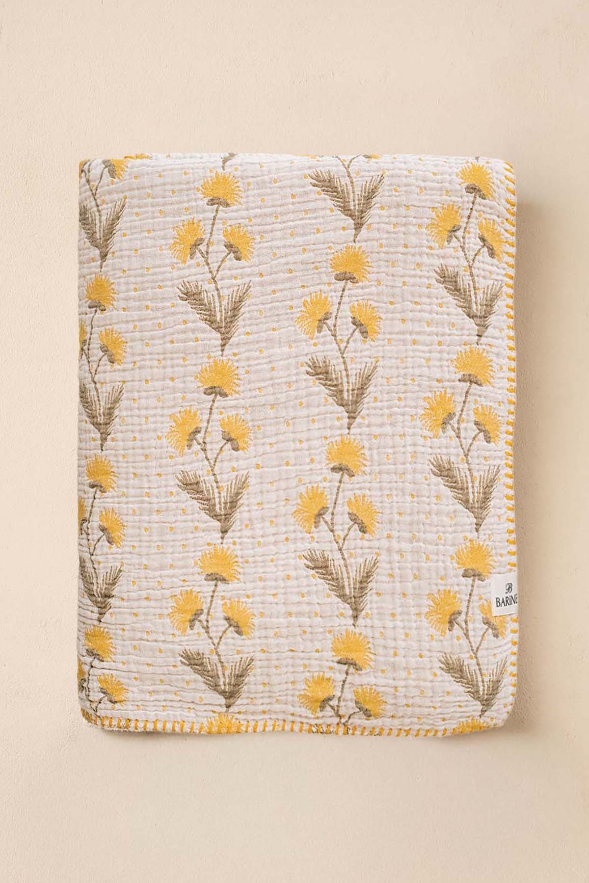 Sarı Çiçek Jakarlı Arkası Peluşlu Çift Yüzlü Pamuk Gaze Koltuk Şalı, Battaniye