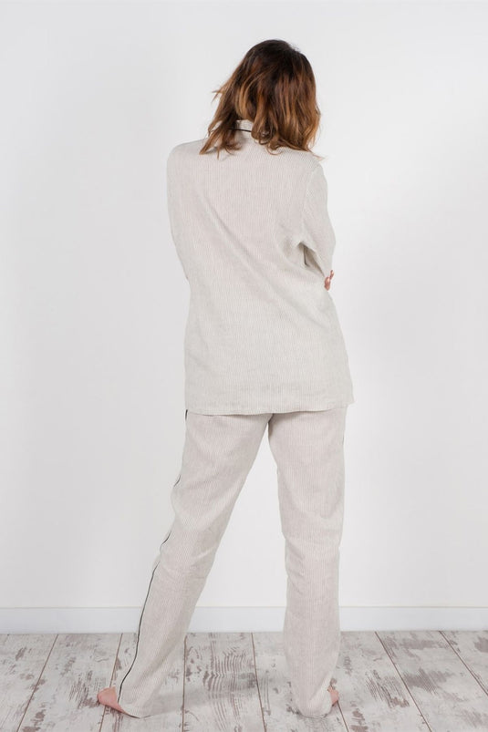 Lino Gömlek Pijama Üst Kırık Beyaz Siyah Çizgili