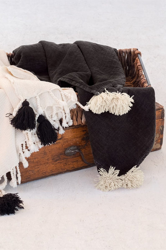 Pompom Seat Shawl Black