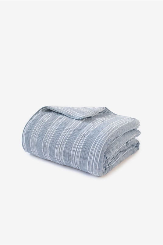 Striped Comfy Muslin Quilt Blue-White